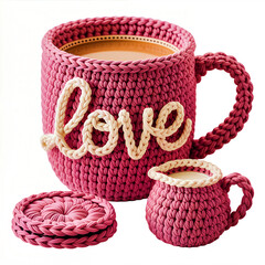 Crochet Coffee Mug with Love Text and Cozy Yarn Texture.