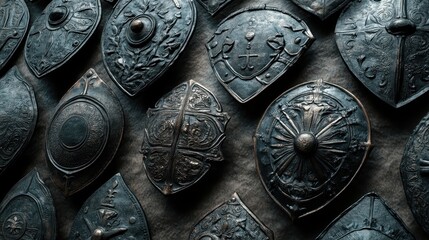 An arrangement of intricately designed metallic shields for ancient defense