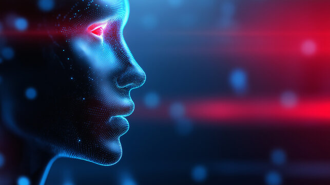 Human side profile illuminated by digital laser light representing biometric scanning and AI analysis.
 - Powered by Adobe