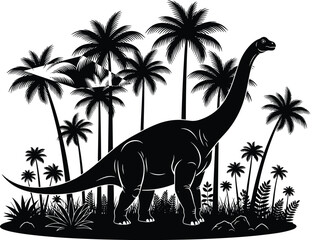Black, and, white, silhouette, of, a, brontosaurus, dinosaur, in, a, prehistoric, landscape, with, palm, trees, ferns, and, circular, ground, base, design © Samina