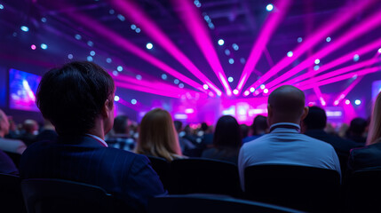 Audience attending a large conference with a colorful illuminated stage in the background.

