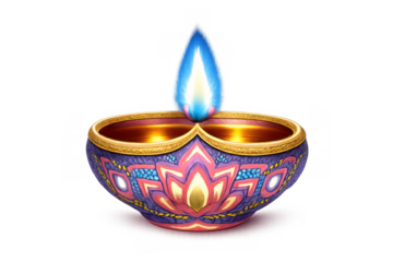 Traditional diwali diya lamp burning with blue flame, celebrating indian festival of light, transparent background