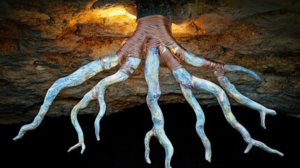 An intricate network of interconnected tree roots with a textured brown trunk and branching woody fibers displays a unique organic structure with detailed patterns