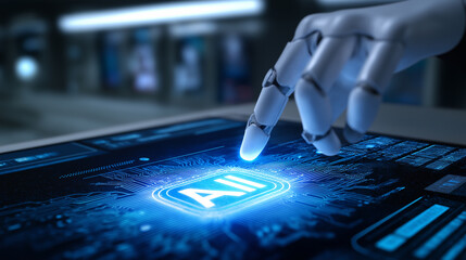 Robotic hand touching a glowing AI interface symbolizing advanced digital intelligence and automation.
