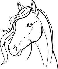 Continuous one line drawing of horse head profile with flowing mane animal portrait minimalist vector for equestrian sports farm nature. © Itz Joydip
