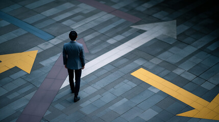 Man standing at an intersection with directional arrows symbolizing choice and decision making.
