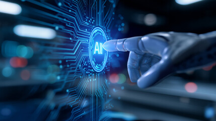 Robotic hand touching a glowing AI interface symbolizing advanced digital intelligence and automation.
