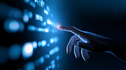 Human finger interacting with a glowing digital interface representing futuristic technology.
