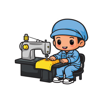 Cute Factory Worker Sewing Clothes in Garment Textile Industry Vector Illustration