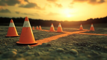 Bright orange safety cones mark hazardous zones and pathways with lines on the ground at sunset