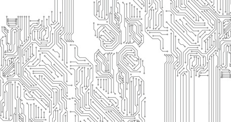 Abstract technology circuit board background with rounded line traces. Black circuit diagram on white background.