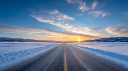 Scenic winter road journey through snowy scandinavian landscape at sunrise