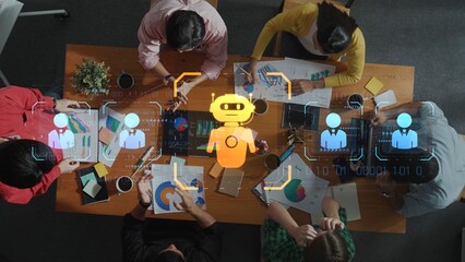 A diverse team engages in a collaborative meeting enhanced by artificial intelligence, showcasing technology role in modern business strategy and productivity. Raster