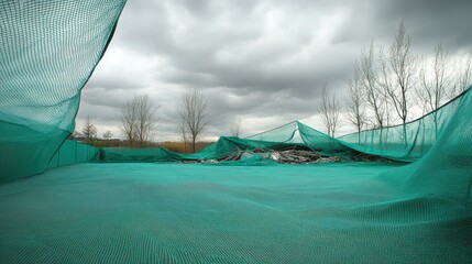 Bundles of durable green mesh netting used for outdoor containment and protection over debris
