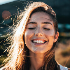 Young Woman Enjoying Sunlight and Freedom During Golden Hour