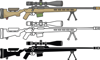 Sniper rifle silhouette & Outline and illustration set isolated on transparent background