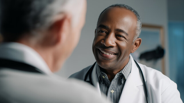 Friendly doctor speaking with a senior male patient in a professional medical setting.
