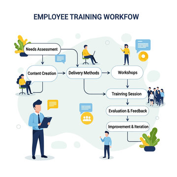 Detailed flowchart illustrating the complete employee training workflow process from needs assessment to improvement and iteration, with various personnel involved.
