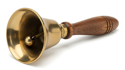 Close-up Shot of a Classic Brass Handheld Bell with a Wooden Handle on a White Background