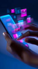Close-up of hands interacting with a futuristic holographic smartphone interface in a dark digital environment.
