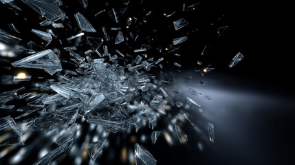 Flying shards of broken glass frozen in motion against a dark dramatic background.
