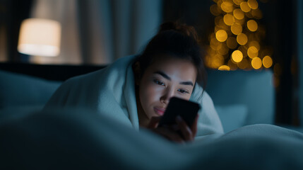 Obraz premium Young woman using a smartphone in bed at night illuminated by the screen glow. 