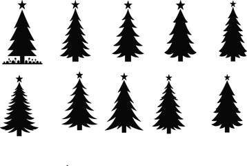 Large Black Silhouette Set Of Ten Christmas Trees With Stars On Top Featuring Various Evergreen Shapes For Holiday Celebration Design,
