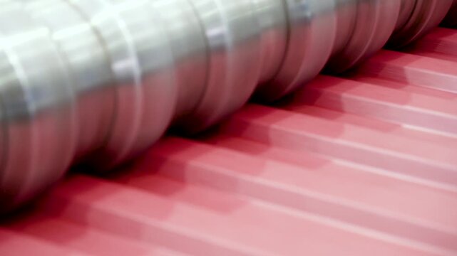 A rolling machine in the factory produces and presses metal sheets with high precision for roofing sheet manufacturing. roofing production processes. Roof sheet factory. Steel roofing forming machine.
