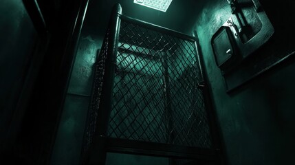 A dark and confined metal cage structure with twisted bars and a diamond mesh pattern illuminated by a single overhead light