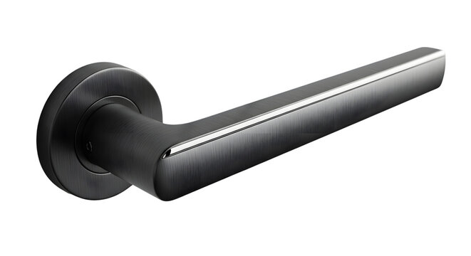Modern door handle with black lever isolated on white background