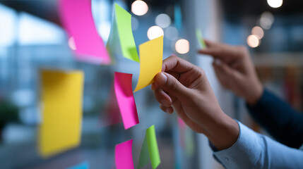 Creative team collaborating behind colorful sticky notes in a modern office environment.
