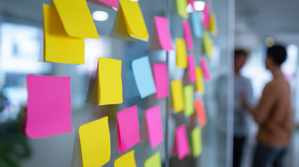 Creative team collaborating behind colorful sticky notes in a modern office environment.
