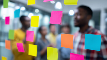 Creative team collaborating behind colorful sticky notes in a modern office environment.
