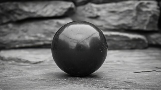 A dark smooth reflective hematite sphere rests on a textured stone surface in black and white