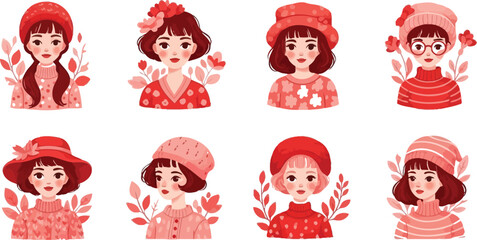 Fototapeta premium Collection of cute young women wearing warm sweaters and knitted hats during cold weather season