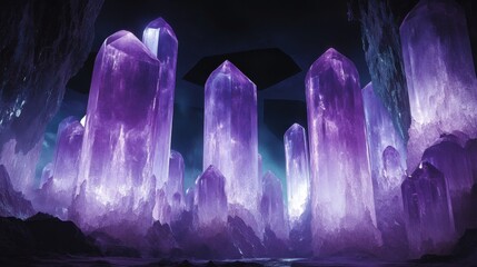 A dazzling cluster of large purple crystals glowing brightly in a dark environment