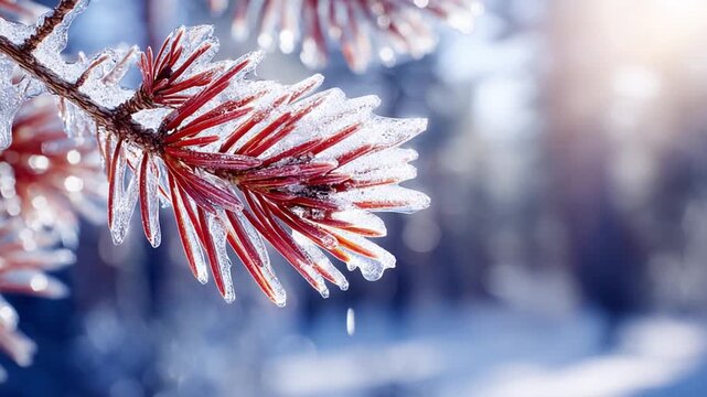 Winter's Embrace: A close-up view captures the intricate beauty of frosted pine needles on a branch, glistening under the soft, diffused light of a winter's day.
