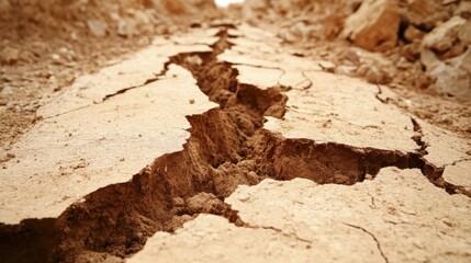 A deep geological fault line with fractured layers of earth and dry soil showing the raw texture of the ground