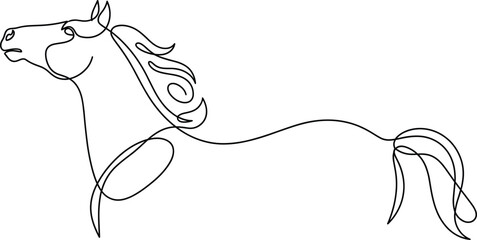 Minimalist continuous one line drawing of a majestic horse head and mane for equestrian sports, animal ranch, and nature branding.