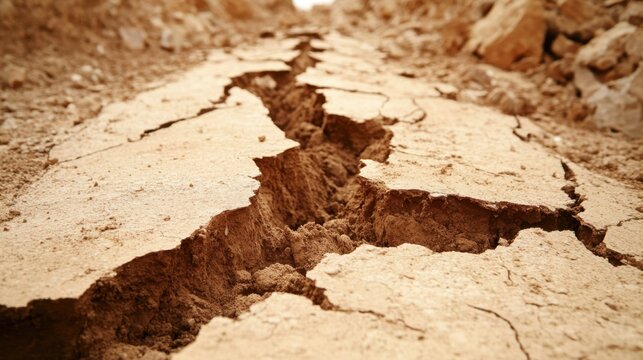 A deep geological fault line with fractured layers of earth and dry soil showing the raw texture of the ground