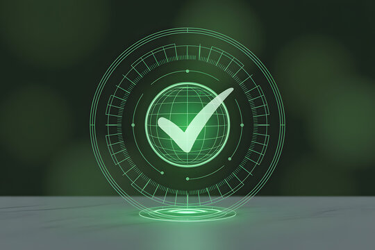 Green check mark on digital globe - Powered by Adobe