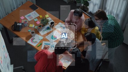 A diverse team collaborates on innovative ideas during a brainstorming session, integrating artificial intelligence tools for strategic planning and project development. Raster