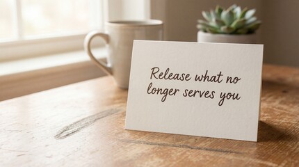 Inspiring message on a card next to a mug and plant