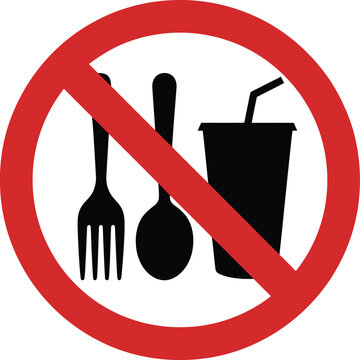 No Food or Drink Prohibition Sign with Fork Spoon and Cup Icons in Red Circle
