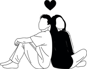 Couple sitting back to back with a heart above them