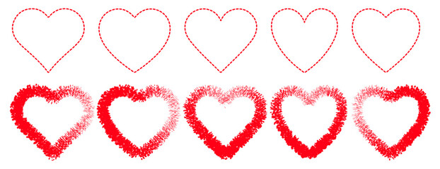 A romantic set of red and pink heart vector icons and holiday decoration elements featuring an artful pattern design for a Valentine's Day wedding card illustration