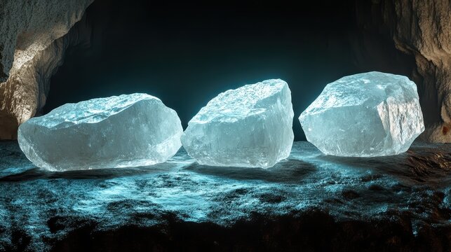 Collection of three raw uncut diamonds in their natural crystalline form displayed on a textured surface with dramatic lighting