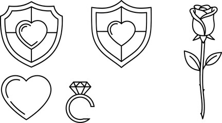 Black line art icons of heart shaped shield, heart, diamond ring and rose