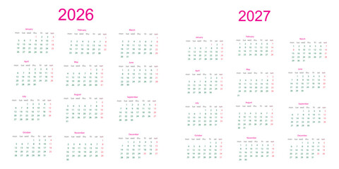 Annual planner, 2026 -2027 year wall calendar for monthly and daily agenda. Colorful schedule page journal, stationery calendar, organizer, planner template with twelve months vector illustration