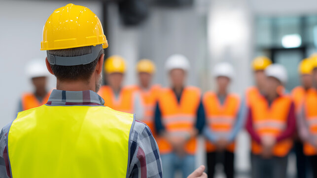 Industrial workers wearing safety helmets attending a training or briefing indoors.
